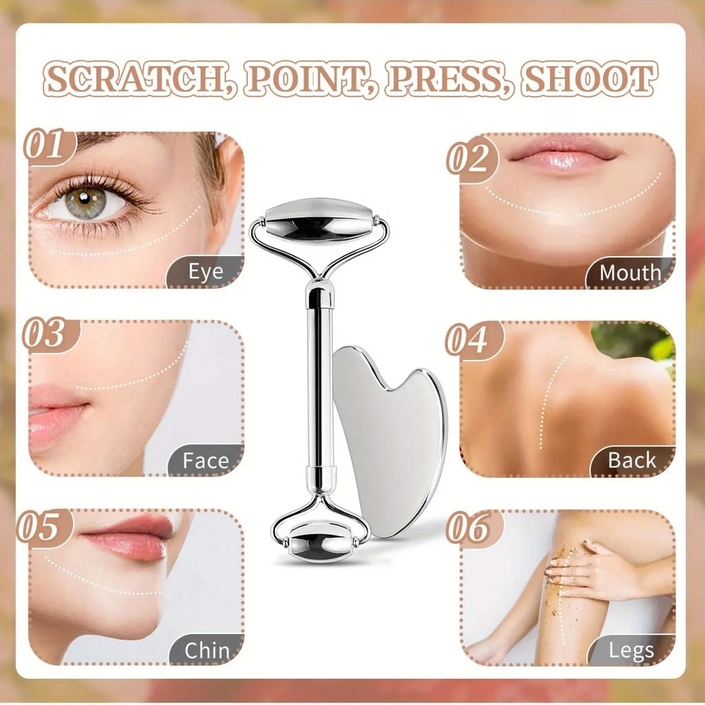 Stainless Steel Facial Roller & Gua Sha Massage Set